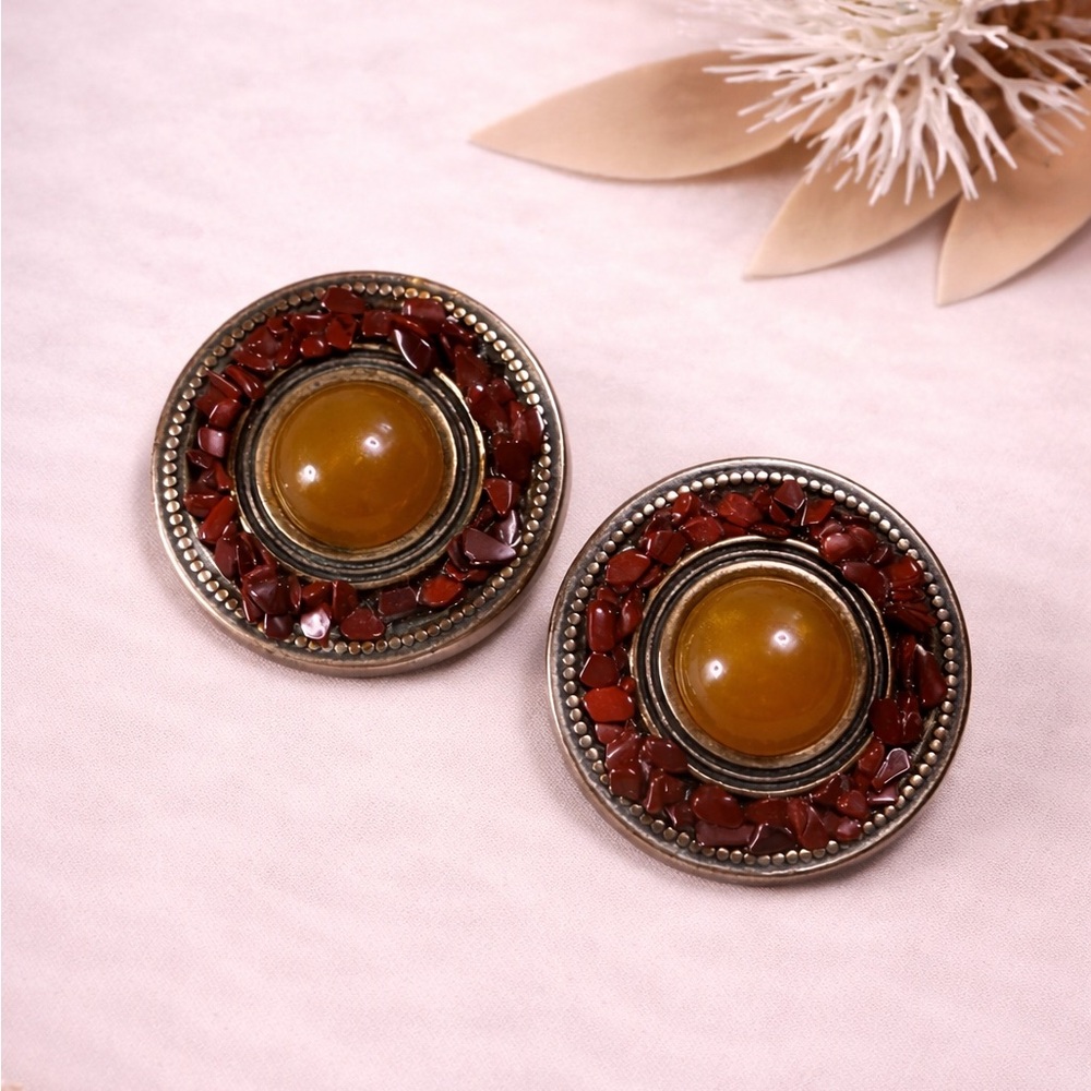 Vintage Boho Amber Cabochon Red Jasper Chip Clip Earrings Round Statement